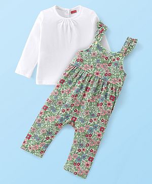 Babyhug Cotton Jerssey Knit Dungaree with Full Sleeves Inner Tee Floral Print - Off White