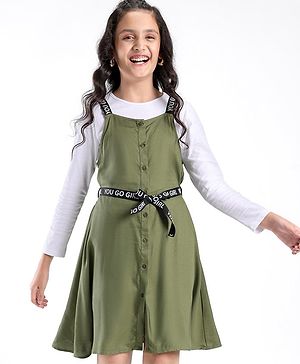 Pine Kids Woven Frock With Full Sleeves Inner Tee & Printed Belt - Olive & White