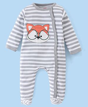 Babyhug Cotton Interlock Knit Full Sleeves Footed Sleep Suit Stripes & Fox Print - White & Grey
