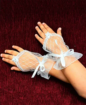 Tipy Tipy Tap Stone Embellished Bow Detailed No Finger Hand Lace Gloves - White
