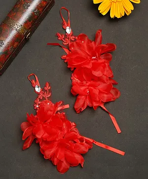 Tipy Tipy Tap Stone Embellished Floral Embroidered & Applique Detailed No Finger Lace Hand Gloves - Red