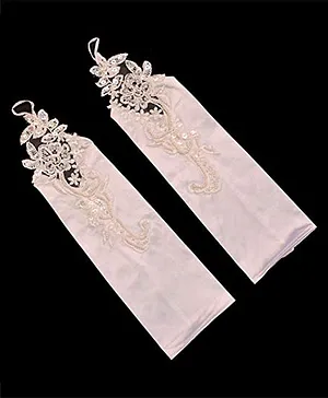 Tipy Tipy Tap Pearl Embellished & Floral Embroidered No Finger Long Lace Hand Gloves - White