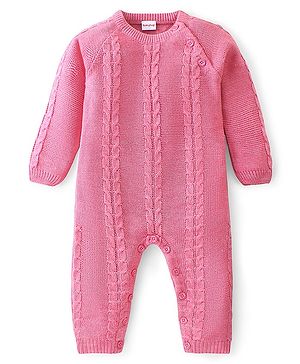 Babyhug Knitted Full Sleeves Winter Wear Romper with Cable Knit Design - Pink