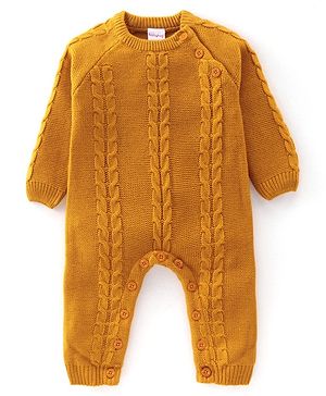 Babyhug Knitted Full Sleeves Winter Wear Romper with Cable Knit Design - Mustard Yellow