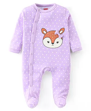 Babyhug Cotton Knit Full Sleeves Footed Sleep Suit Deer Print - Purple