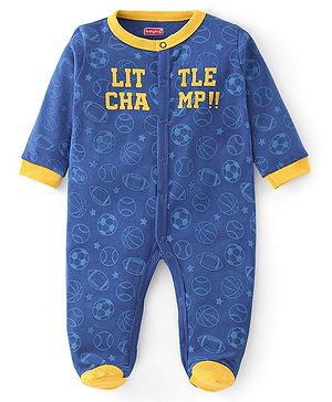 Babyhug Cotton Interlock Knit Full Sleeves Sleepsuit Ball Print - Navy Blue & Yellow