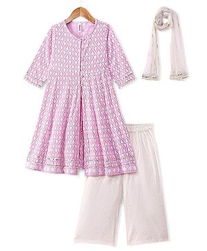 Babyhug Three Fourth Sleeve Schiffly Embroidered Front Open Kueri Palazo And Dupatta Set - Pink