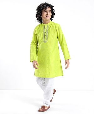 Pine Kids Embroidered Full Sleeves Kurta Pyjama Set- Lime Green