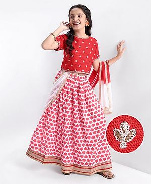 Pine Kids Floral Embroidered Half Sleeves Lehenga Choli Set-Red
