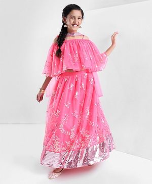 Pine Kids Sleeveless All Over Embroidered Lehenga Choli Set- Hot Pink