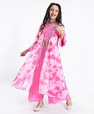 Pine Kids Three Fourth Sleeves Embroidered Tie and Dye Kurti Churidar Set with Shrug - Pink