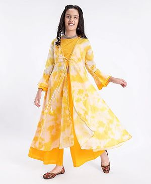 Pine Kids Three Fourth Sleeves Embroidered Tie & Dye Kurti Churidar Set with Shrug - Yellow
