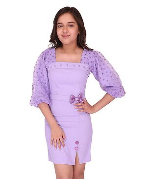 Cutecumber Three Fourth Puffed Sleeves Pearl Embellished & Heart Foil Printed  Shift Dress - Purple