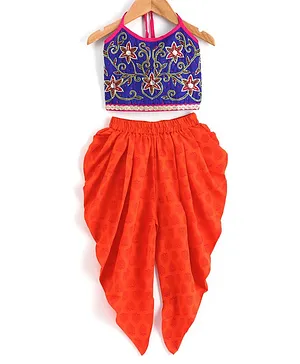 Twisha Sleeveless Floral Sequin  Embellished Top With Dhoti - Blue & Orange