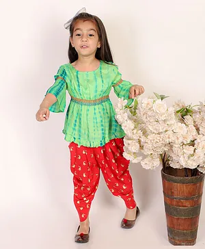 Twisha Three Fourth Sleeves Tie  Dye & Lace Embellished  Top With Foil Printed Dhoti - Green & Red
