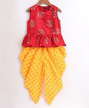 Twisha Sleeveless Foil Flower Printed Peplum Style Top With Flower Motif Printed Dhoti - Red & Yellow