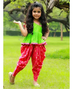 Twisha Half Sleeves Chevron Designed & Mirror Work Embellished Angrakha Style Peplum Top With Paisley Foil Printed Dhoti - Green & Pink