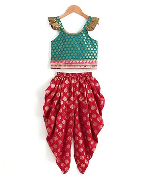 Twisha  Flutter Sleeves Brocade Motif Detailed & Lace Embellished  Top With Foil  Printed Dhoti - Green & Red