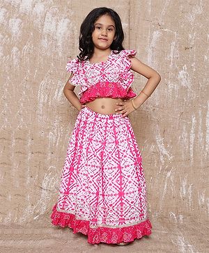 AJ Dezines Frill Cap Sleeves Kaleidoscope Design Printed & Lace Embellished Coordinating Lehenga & Choli Set - Pink