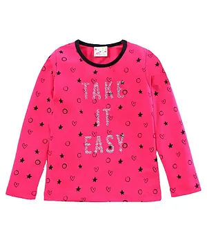 Eimoie Full Sleeves Hearts & Stars With Take It Easy Text Printed Tee - Dark Pink