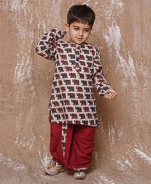 AJ Dezines  Pure Cotton Full Sleeves Elephant Printed Kurta With Coordinating Lace Embellished  Dhoti Set - Maroon