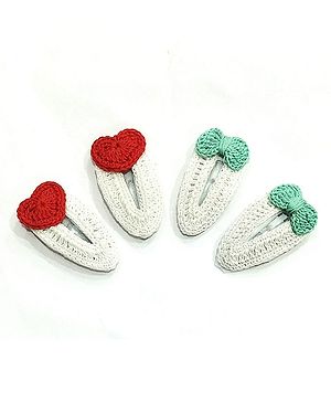 HAPPY THREADS Set Of 2 Crochet Heart & Bow Motif Embellished Hair Cips -  Red & Green