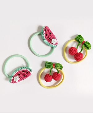 HAPPY THREADS Set Of 2 Crochet Cherry & Watermelon Motif Embellished Hair Rubber Bands - Green & Yellow