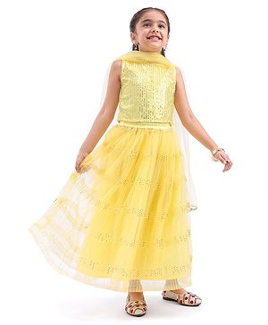 Babyhug Sleeveless Sequenced Choli With Net Sequenced Embroiderd Lehenga With Dupatta Set- Yellow