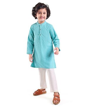 Babyhug Full Sleeve Schiffly Embroidered Kurta With Pyjama Set - Aqua Blue