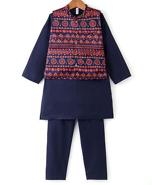 Babyhug Full Sleeves Solid Kurta Pyjama Set with Printed Jacket  - Navy Blue