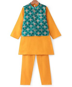 Babyhug Full Sleeves Solid Kurta & Pyjama Set With Printed Jacket - Mustard