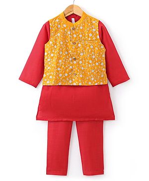 Babyhug Woven Full Sleeves Kurta & Pyjama Set with Embroidered Jacket - Maroon