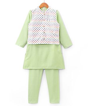 Babyhug Woven Full Sleeves Solid Kurta Pyjama Set with Mirror Embroidered Jacket - Green & White