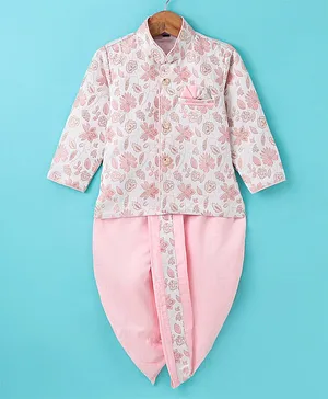 Ridokidz Full Sleeves Seamless Vintage Floral Woven Design Detailed Kurta With Coordinating Dhoti- Pink