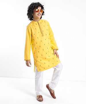 Pine Kids Embroidered Full Sleeves Kurta Pyjama Set- Mustard