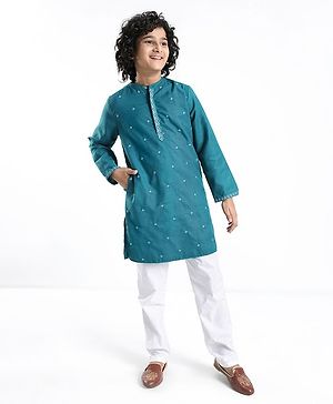 Pine Kids Cotton All Over Embroidered Full Sleeves Kurta Pyjama Set- Teal Blue