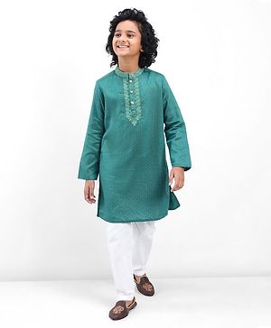 Pine Kids Woven Full Sleeves Kurta Pyjama Set Embroidered - Teal Blue