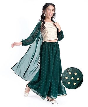 Pine Kids Woven Full Sleeves All Over Printed Brocade Top Palazzo & Shrug - Green
