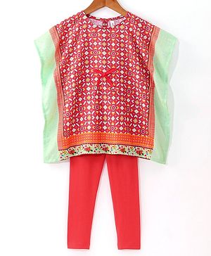 Babyhug Sleeveless All Over Printed Kaftan Kurta With Legging Set-Coral