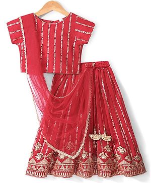 Babyhug Half Sleeves Choli with Sequenced Embroidered Lehenga  and Dupatta Set  - Red