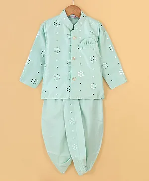 Ridokidz Full Sleeves Floral Mirror Work Embellished & Embroidered Detailed Kurta With Coordinating Dhoti Light Ferozi Blue