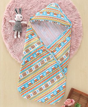 Babyhug Cotton Interlock Bear Printed Towel with Hood L 76 x B 76 cm - Blue Yellow & Orange