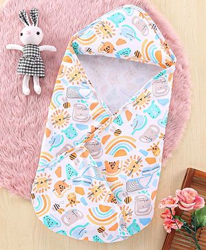 Babyhug Cotton Interlock Knit Towel with Hood Animal Print L 76 x B 76 cm - Yellow White & Blue