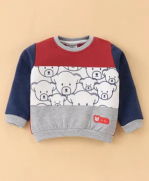 Wonderchild Full Sleeves Bear Printed Colour Block Sweatshirts  - Maroon & Navy Blue