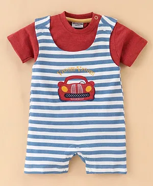 Wonderchild Half Sleeves Striped Designed Car Embroidered  Romper With Tee  - White