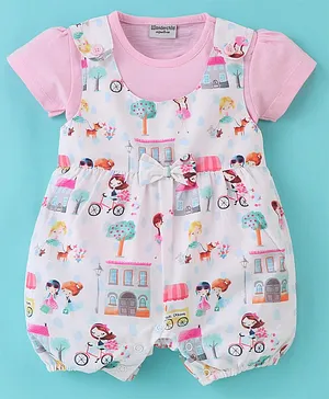 Wonderchild Half Sleeves City Theme Printed Romper With Tee - Pink