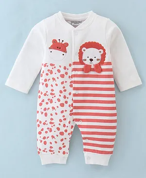 Wonderchild Full Sleeves Striped Designed Animal Patch Detailed Romper - Dull White