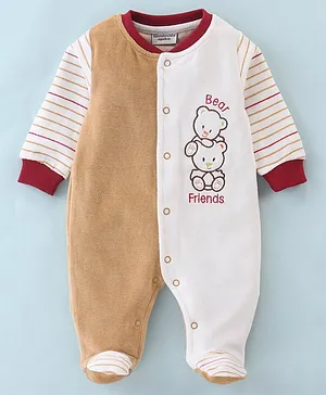Wonderchild Full Sleeves Bear Embroidered Striped Detailed  Romper - Fawn