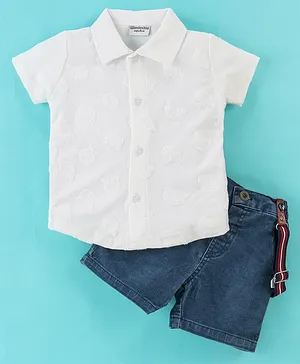Wonderchild Half Sleeves Solid Suspender Shirt With Shorts - White & Blue