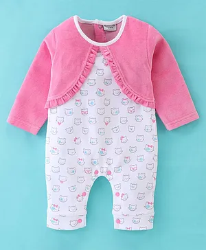 Wonderchild Full Sleeves Kitties Printed & Frill Hem Detailed Velour Romper - Pink & White